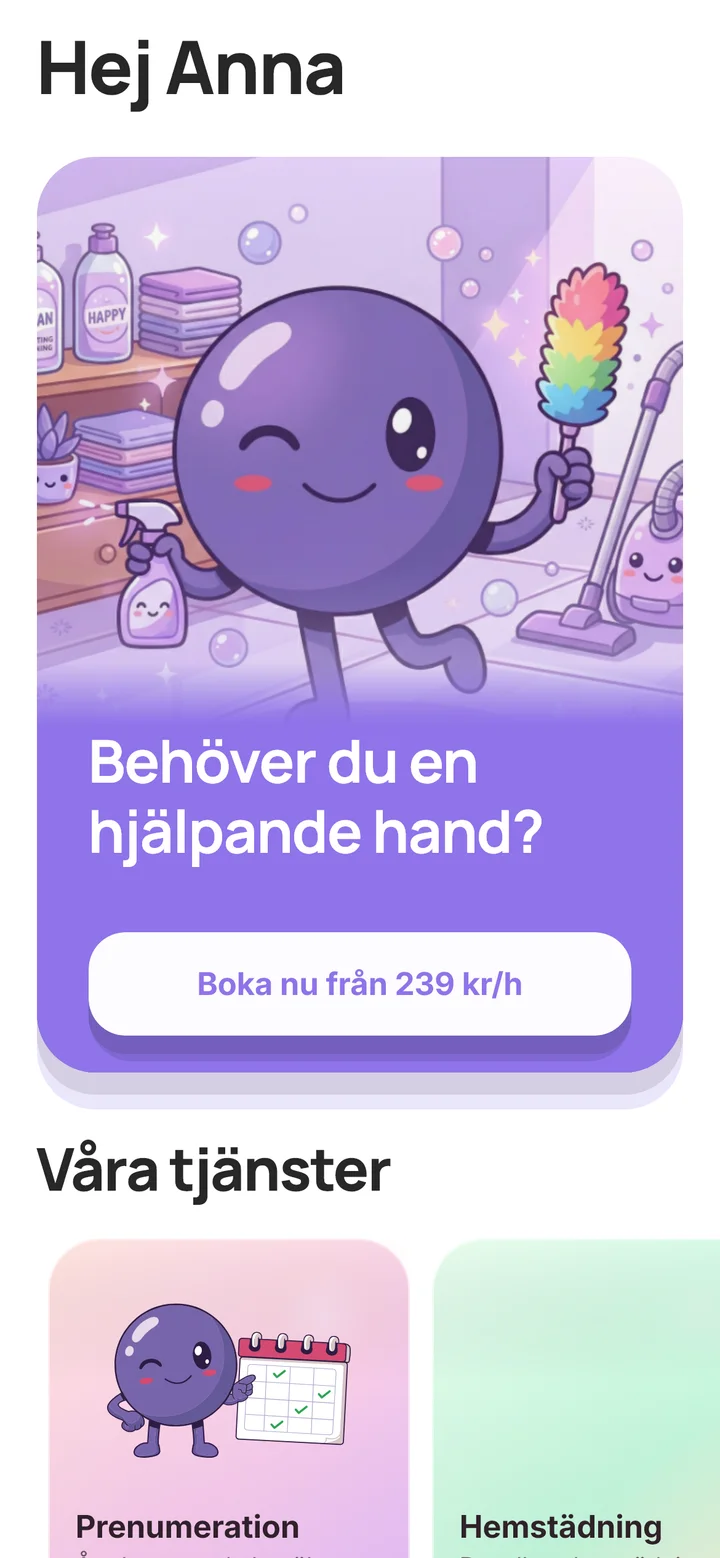 Bublas app med val av städtjänst och pris före bokning
