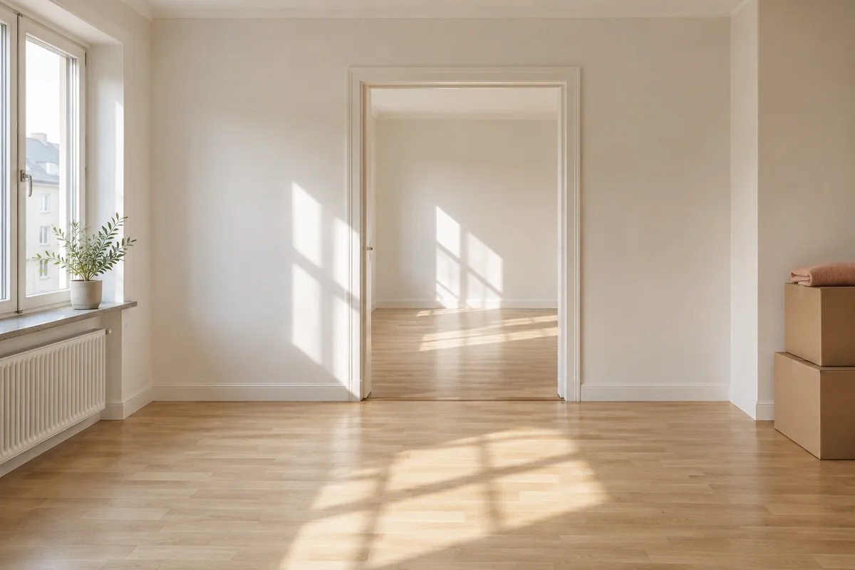 Freshly cleaned empty apartment with parquet flooring and moving boxes