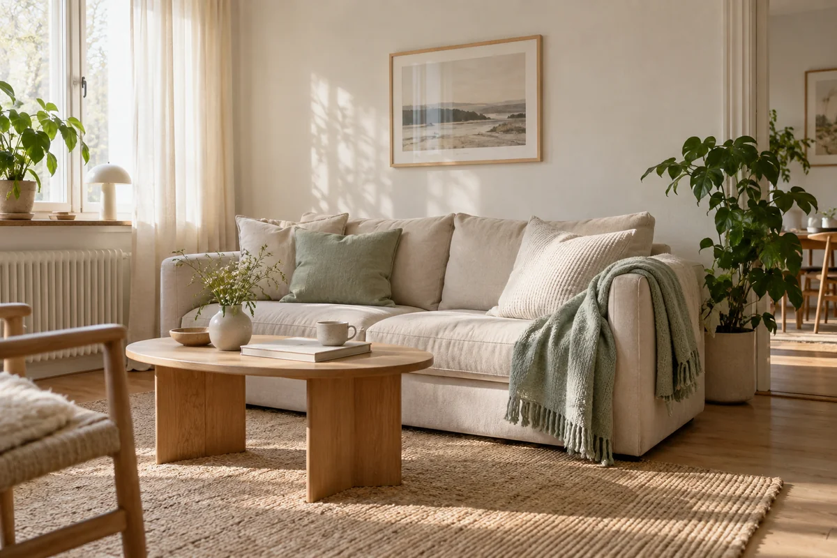 Bright living room with a sofa, coffee table and green plant