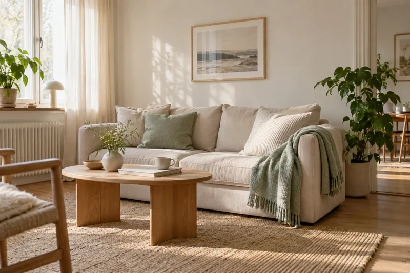 Bright living room with a sofa, coffee table and green plant